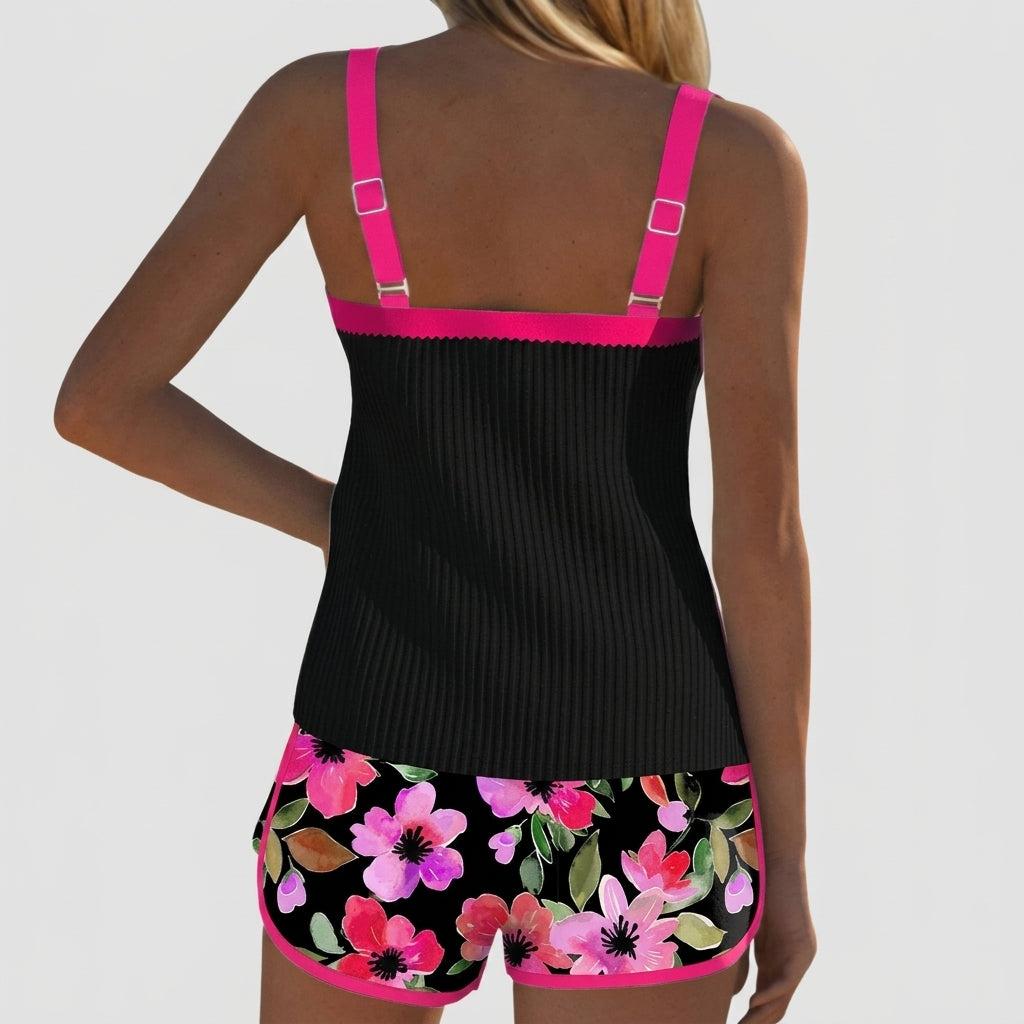 Damernas tankini med ribbad topp och mönstrade shorts-Sets for women-Fjallbarn