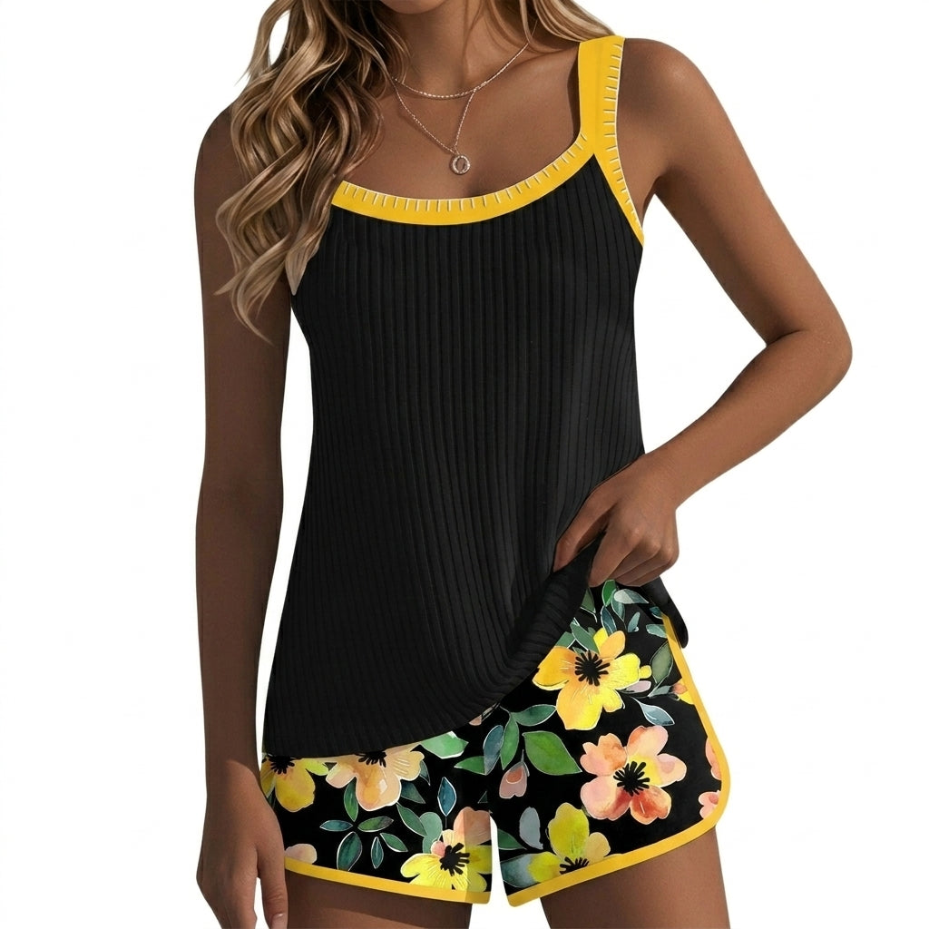 Damernas tankini med ribbad topp och mönstrade shorts-Sets for women-Fjallbarn