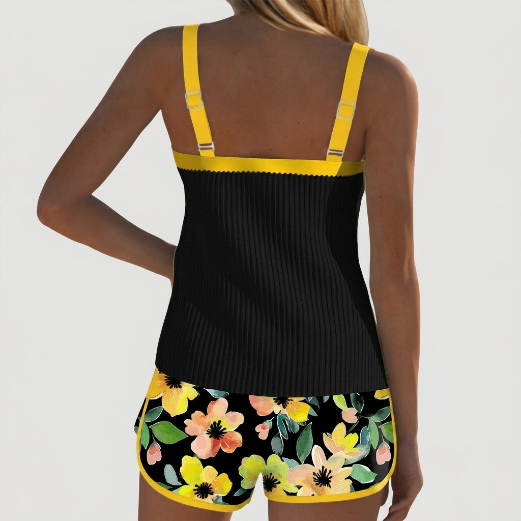 Damernas tankini med ribbad topp och mönstrade shorts-Sets for women-Fjallbarn