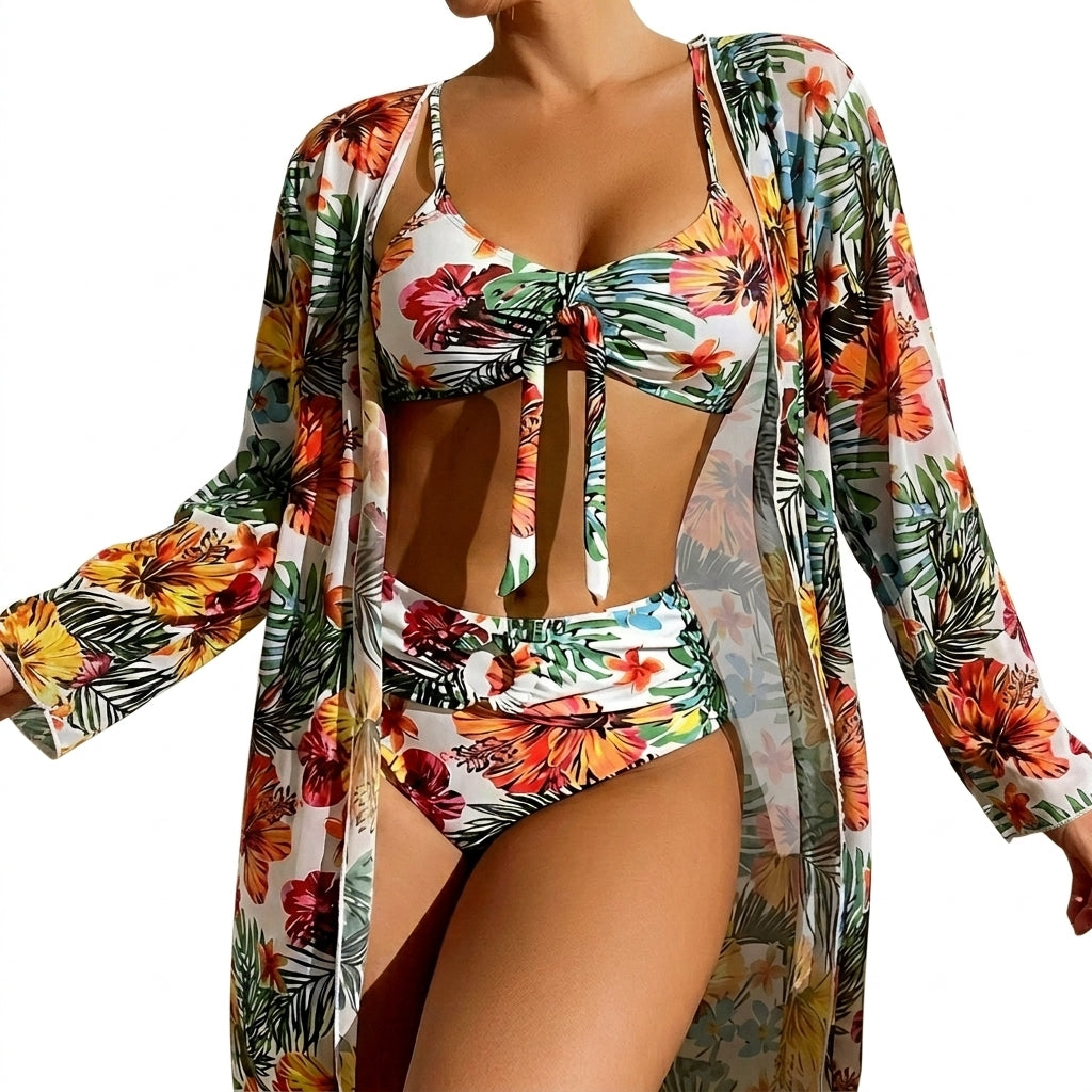 Damernas tredelade bikiniset med knyttopp, trosa med hög midja och lång kaftan-Swimwear for women-Fjallbarn