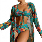 Damernas tredelade bikiniset med knyttopp, trosa med hög midja och lång kaftan-Swimwear for women-Fjallbarn