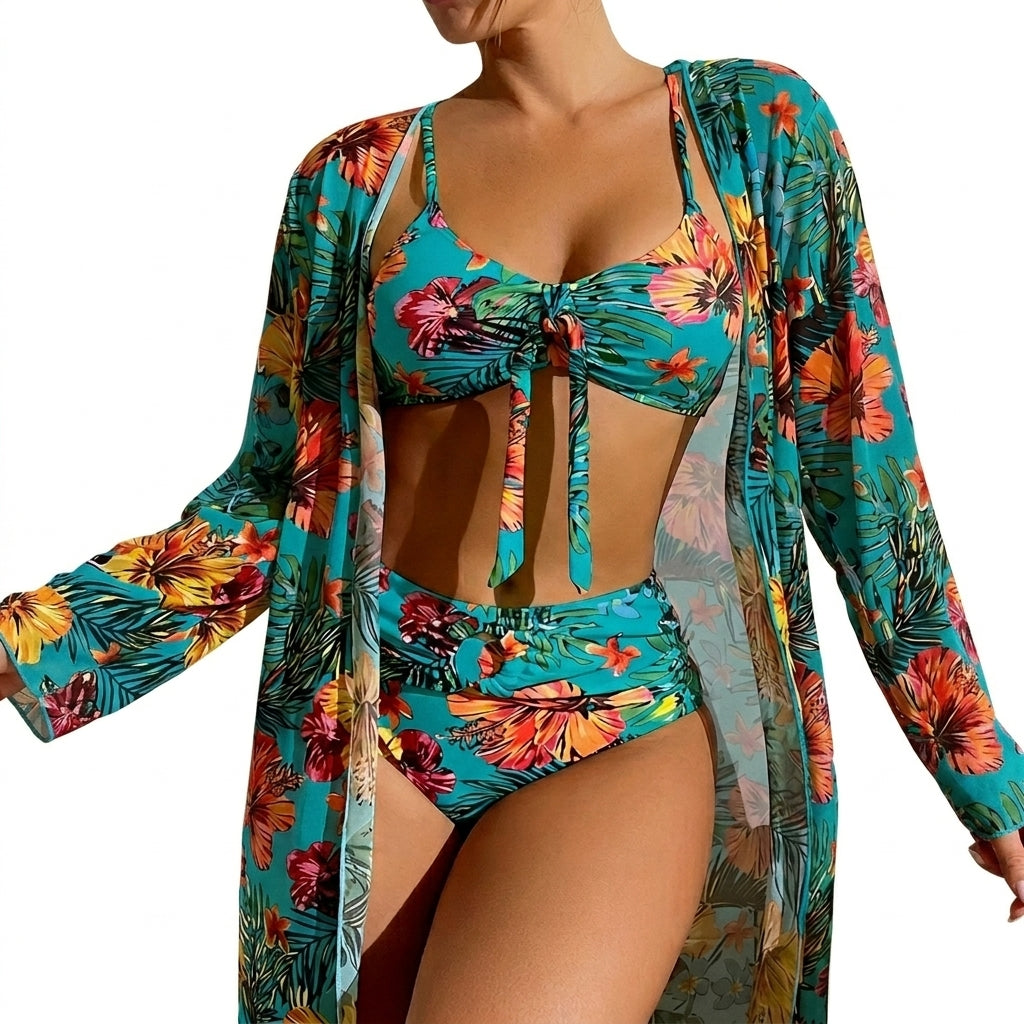 Damernas tredelade bikiniset med knyttopp, trosa med hög midja och lång kaftan-Swimwear for women-Fjallbarn
