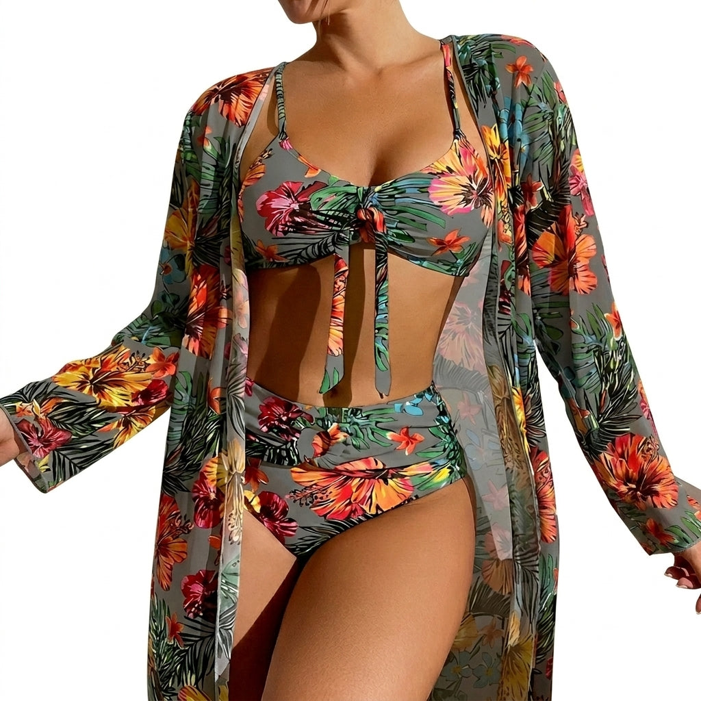 Damernas tredelade bikiniset med knyttopp, trosa med hög midja och lång kaftan-Swimwear for women-Fjallbarn