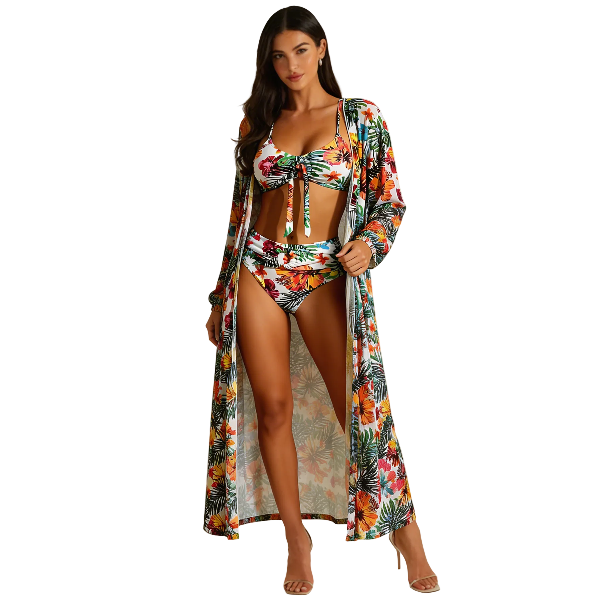 Damernas tredelade bikiniset med knyttopp, trosa med hög midja och lång kaftan-Swimwear for women-Fjallbarn