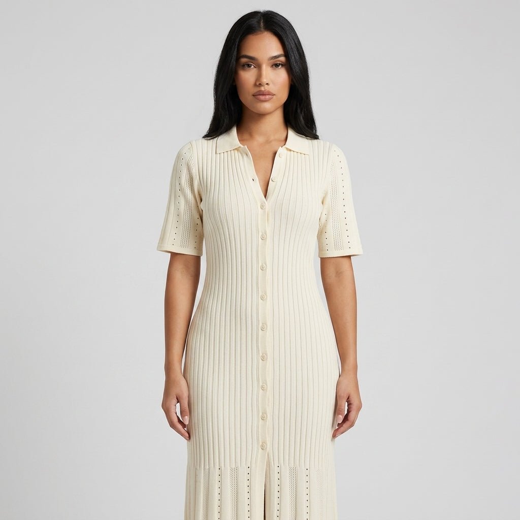 Damklänning i stickad ribbstruktur med krage och knäppning-Midi Dress-Fjallbarn