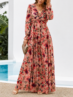 Damklänning maxi med långa ärmar och V-ringning med lagerdelad kjol och blommönster-Maxi Dress-Fjallbarn