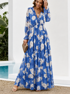Damklänning maxi med långa ärmar och V-ringning med lagerdelad kjol och blommönster-Maxi Dress-Fjallbarn