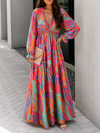 Damklänning maxi med långa ärmar och V-ringning med lagerdelad kjol och blommönster-Maxi Dress-Fjallbarn