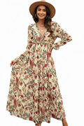 Damklänning maxi med långa ärmar och V-ringning med lagerdelad kjol och blommönster-Maxi Dress-Fjallbarn