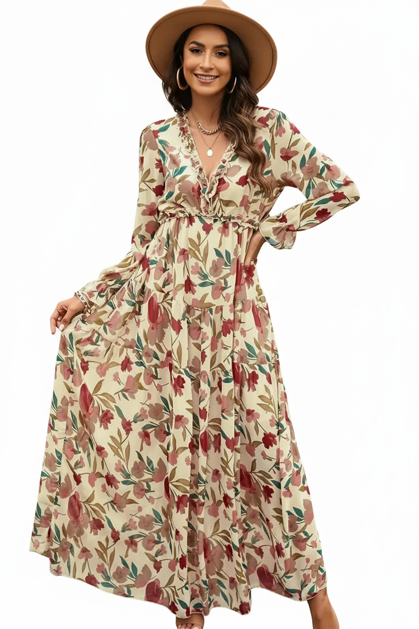Damklänning maxi med långa ärmar och V-ringning med lagerdelad kjol och blommönster-Maxi Dress-Fjallbarn