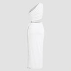 Dammaxiklänning med asymmetrisk enaxlad form och rynkade detaljer-Maxi Dress-Fjallbarn