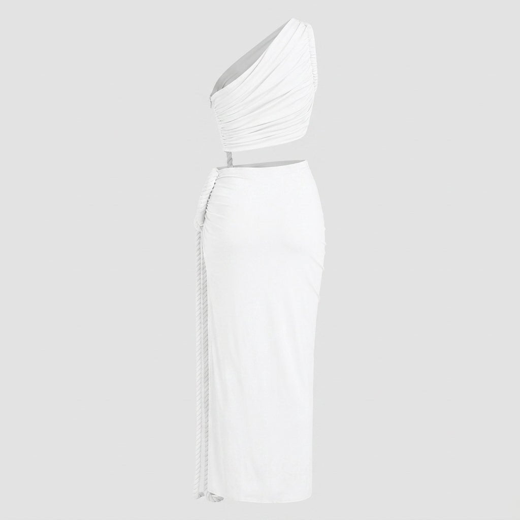 Dammaxiklänning med asymmetrisk enaxlad form och rynkade detaljer-Maxi Dress-Fjallbarn