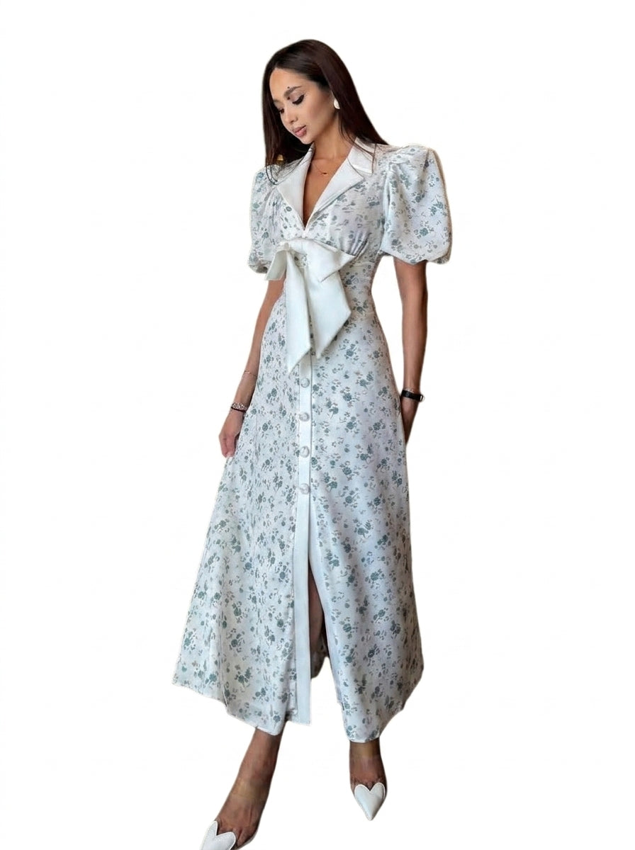 Dams blommig midiklänning med puffärmar och rosett-Midi Dress-Fjallbarn