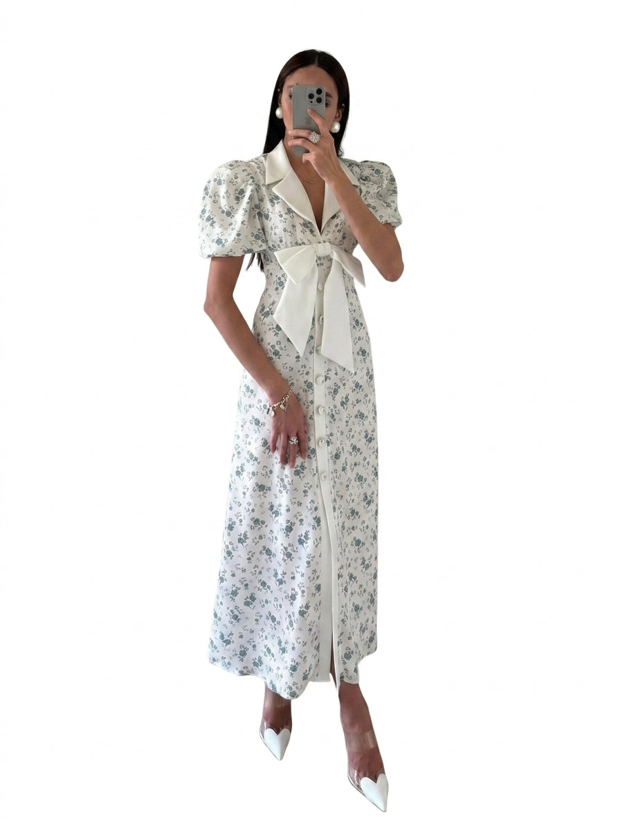 Dams blommig midiklänning med puffärmar och rosett-Midi Dress-Fjallbarn