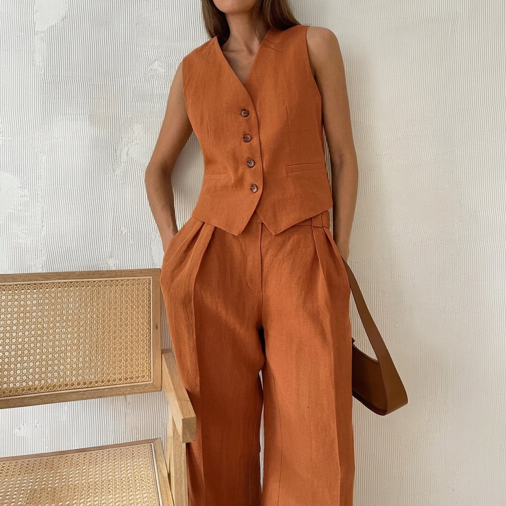 Damset med ärmlös väst och byxor med vida ben-Sets for women-Fjallbarn