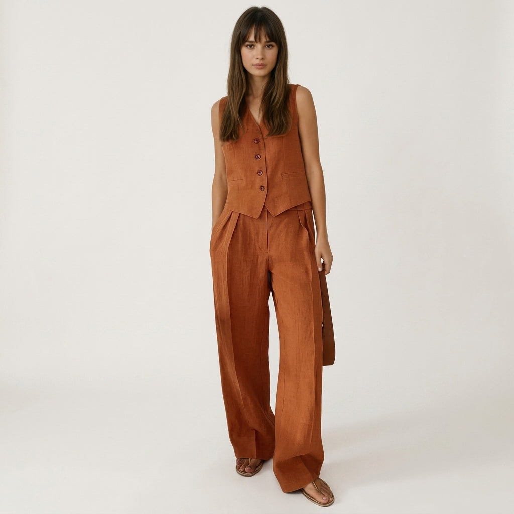 Damset med ärmlös väst och byxor med vida ben-Sets for women-Fjallbarn