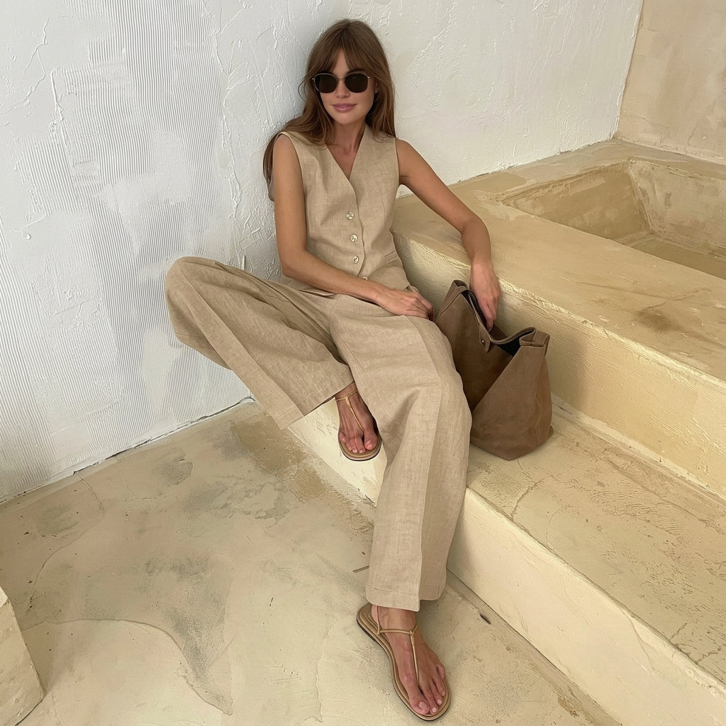 Damset med ärmlös väst och byxor med vida ben-Sets for women-Fjallbarn