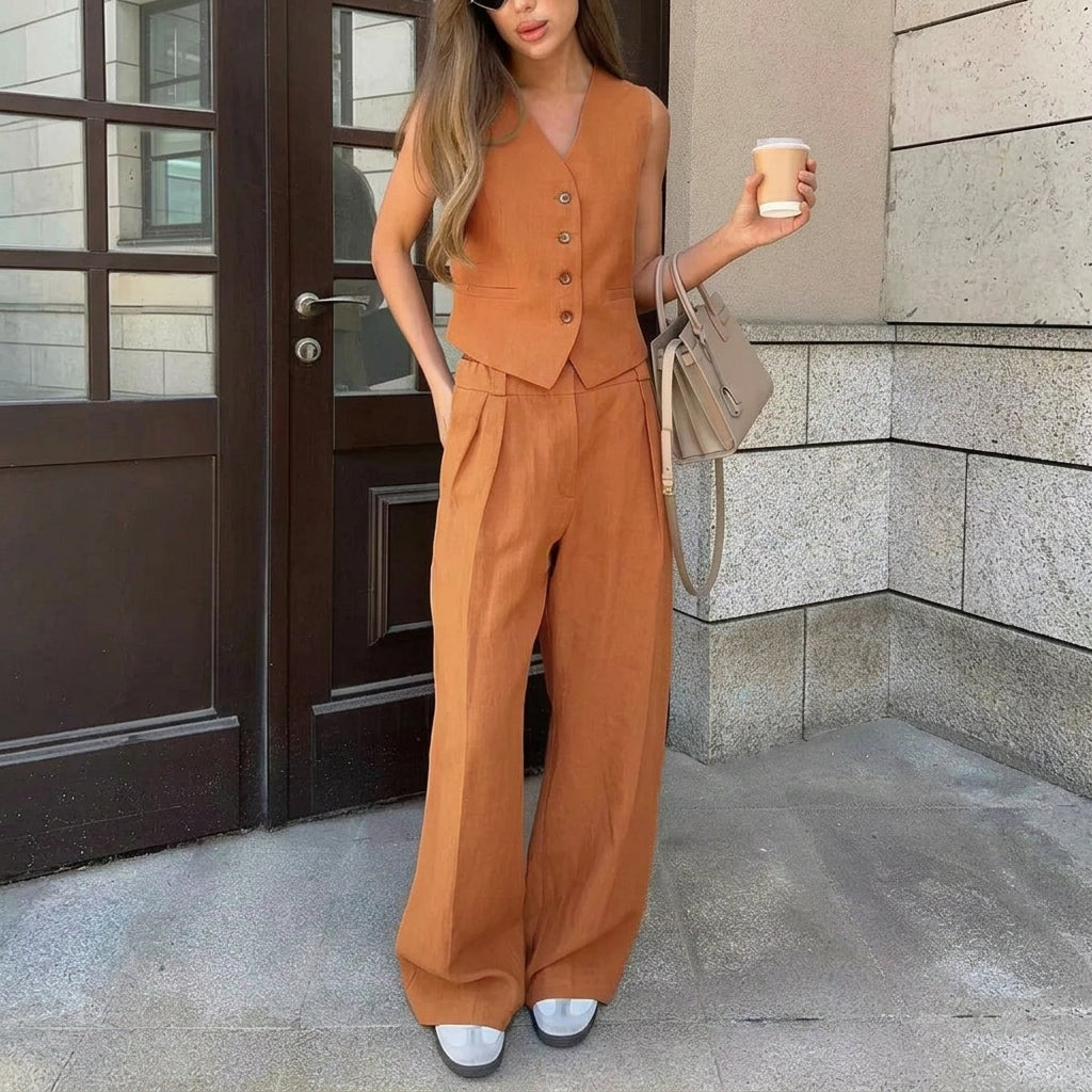 Damset med ärmlös väst och byxor med vida ben-Sets for women-Fjallbarn