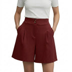 Damshorts med hög midja vida ben veckad front och dubbla knappar-Shorts for women-Fjallbarn