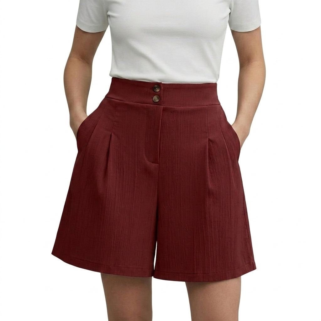 Damshorts med hög midja vida ben veckad front och dubbla knappar-Shorts for women-Fjallbarn