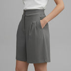 Damshorts med hög midja vida ben veckad front och dubbla knappar-Shorts for women-Fjallbarn