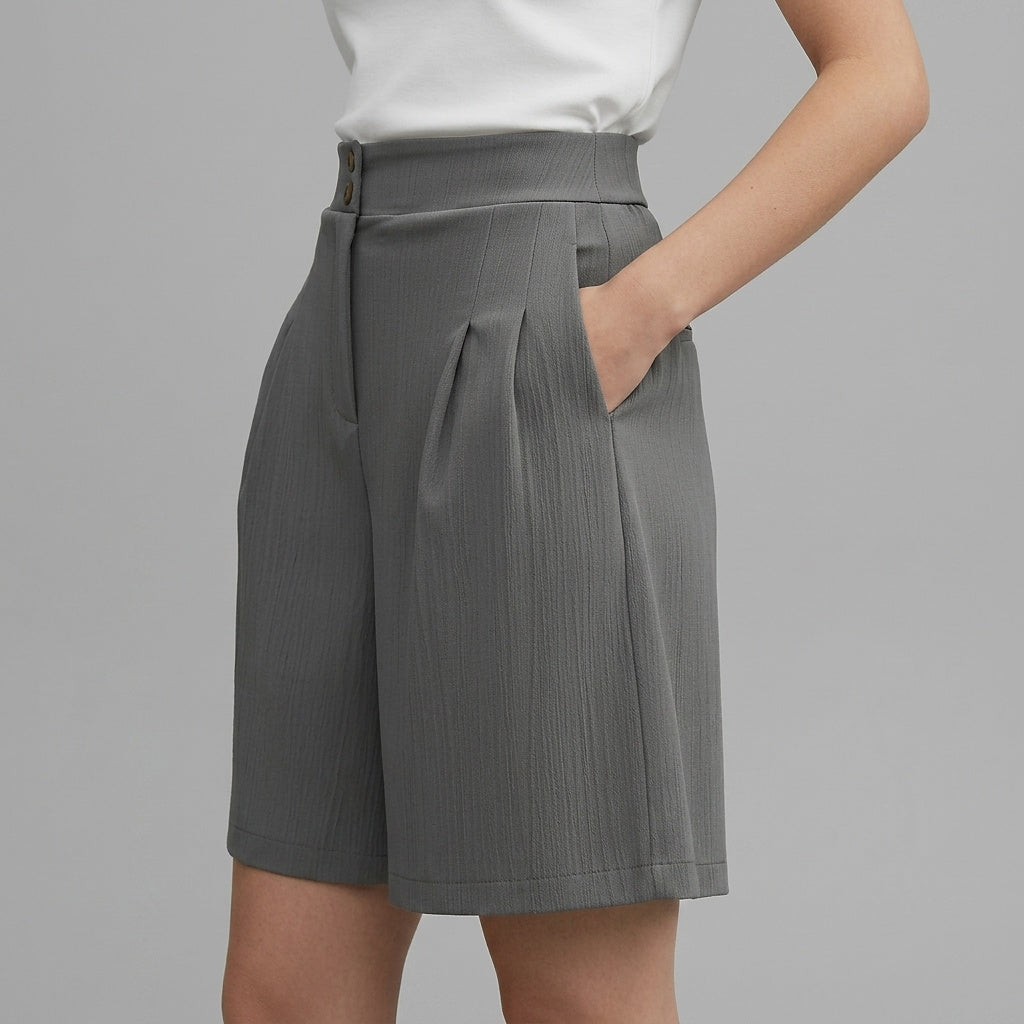 Damshorts med hög midja vida ben veckad front och dubbla knappar-Shorts for women-Fjallbarn