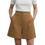 Damshorts med hög midja vida ben veckad front och dubbla knappar-Shorts for women-Fjallbarn