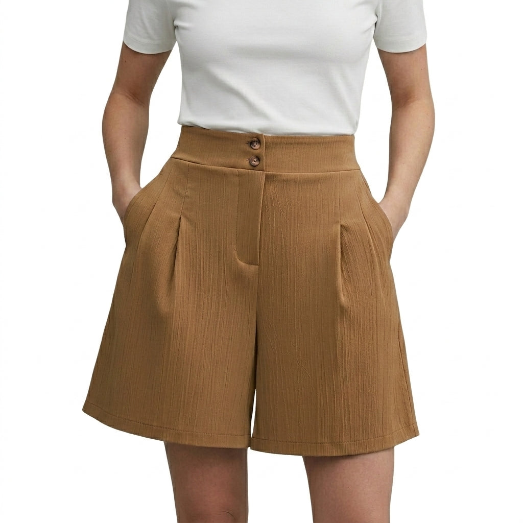 Damshorts med hög midja vida ben veckad front och dubbla knappar-Shorts for women-Fjallbarn