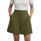 Damshorts med hög midja vida ben veckad front och dubbla knappar-Shorts for women-Fjallbarn
