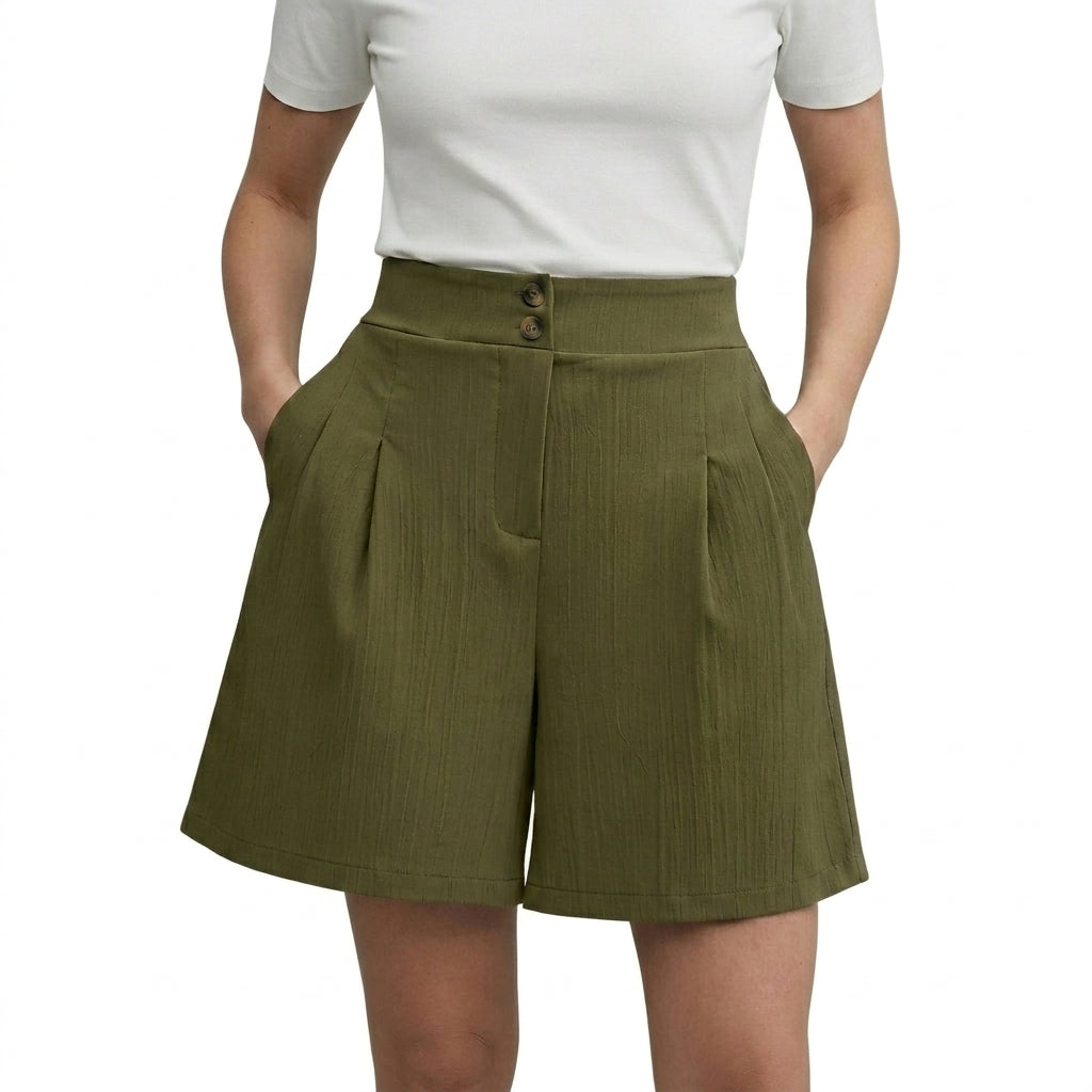 Damshorts med hög midja vida ben veckad front och dubbla knappar-Shorts for women-Fjallbarn