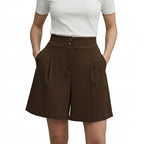 Damshorts med hög midja vida ben veckad front och dubbla knappar-Shorts for women-Fjallbarn