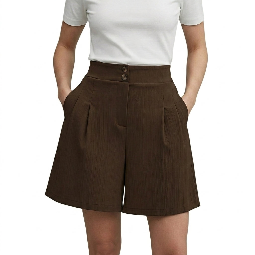 Damshorts med hög midja vida ben veckad front och dubbla knappar-Shorts for women-Fjallbarn