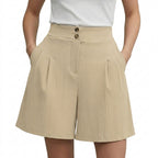 Damshorts med hög midja vida ben veckad front och dubbla knappar-Shorts for women-Fjallbarn
