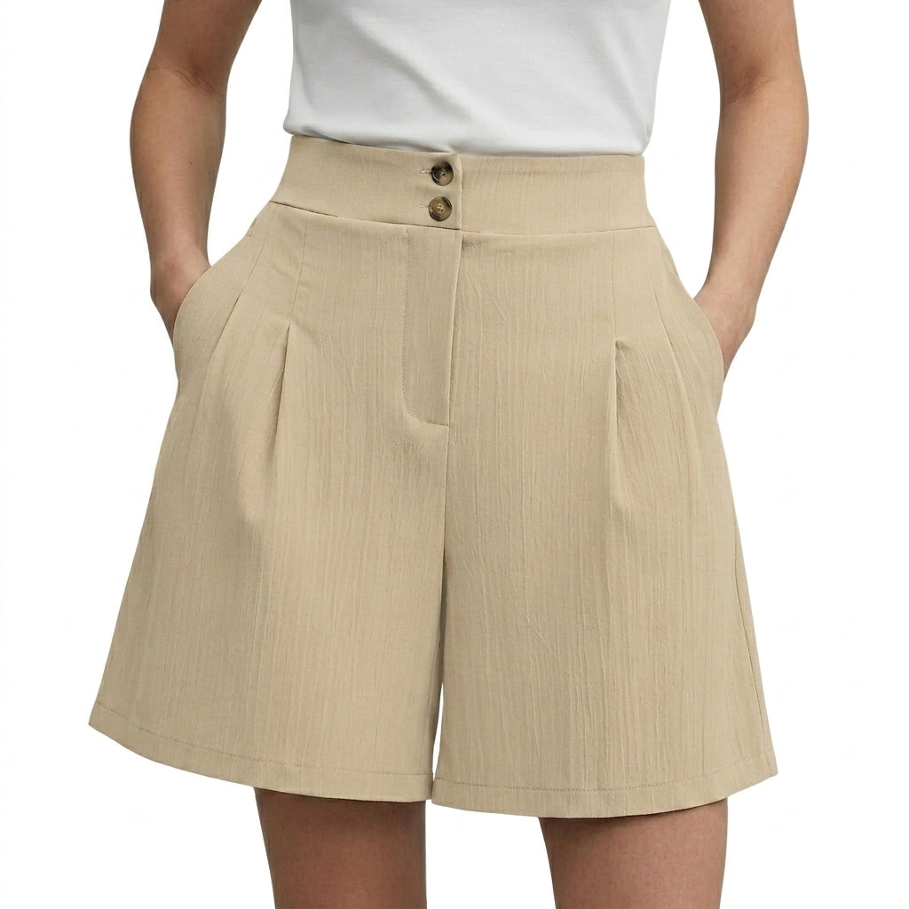 Damshorts med hög midja vida ben veckad front och dubbla knappar-Shorts for women-Fjallbarn