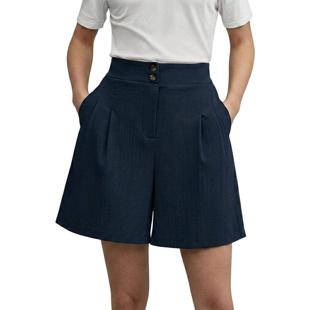 Damshorts med hög midja vida ben veckad front och dubbla knappar-Shorts for women-Fjallbarn