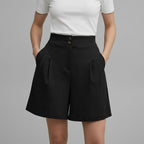 Damshorts med hög midja vida ben veckad front och dubbla knappar-Shorts for women-Fjallbarn