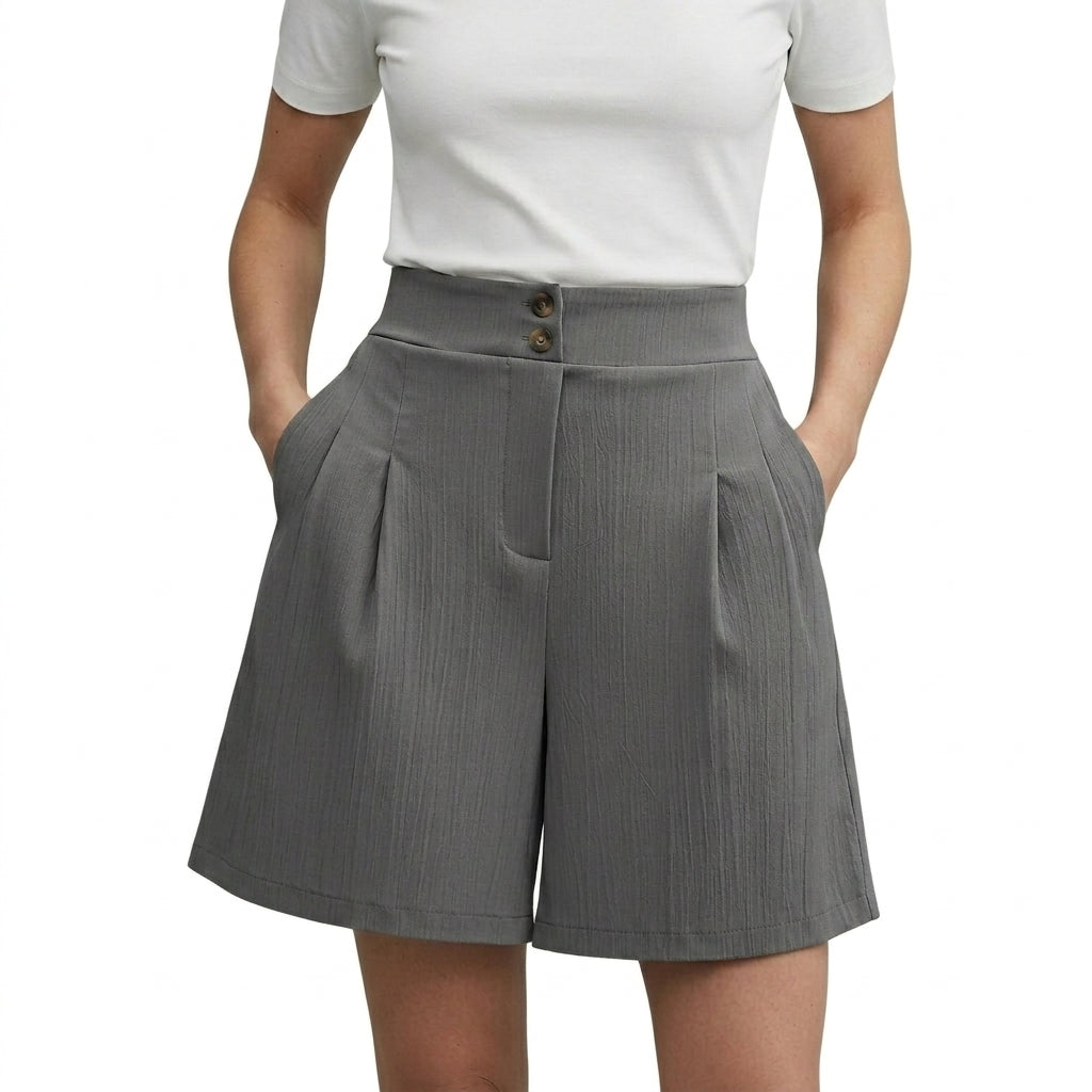 Damshorts med hög midja vida ben veckad front och dubbla knappar-Shorts for women-Fjallbarn