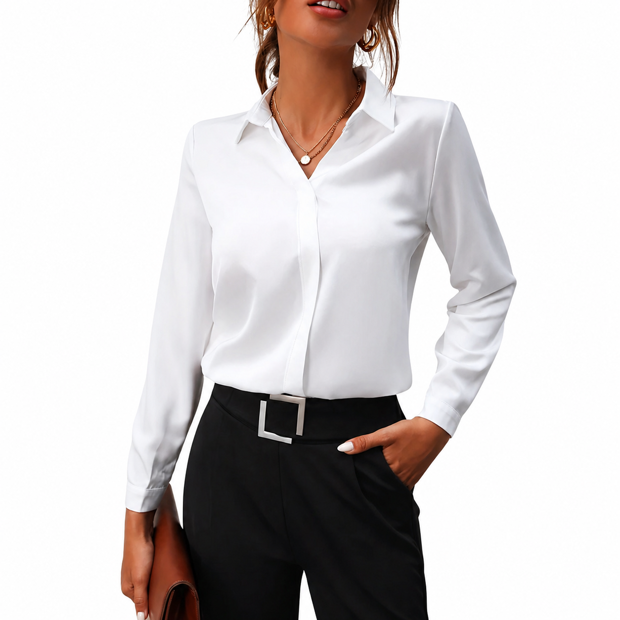 Damskjorta med lång ärm, krage och dold knappstängning-Shirts for women-Fjallbarn