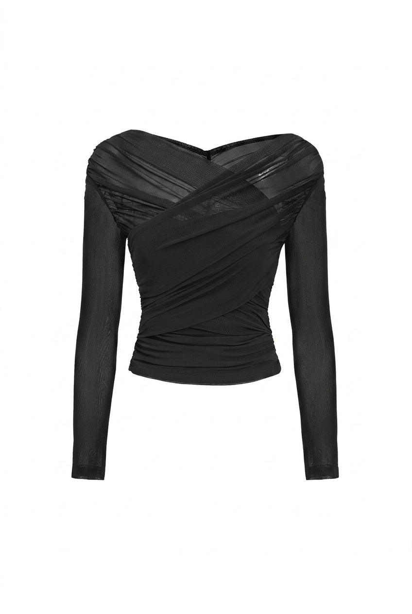Damtopp i skir mesh med draperad framsida och långa ärmar-Tops for women-Fjallbarn