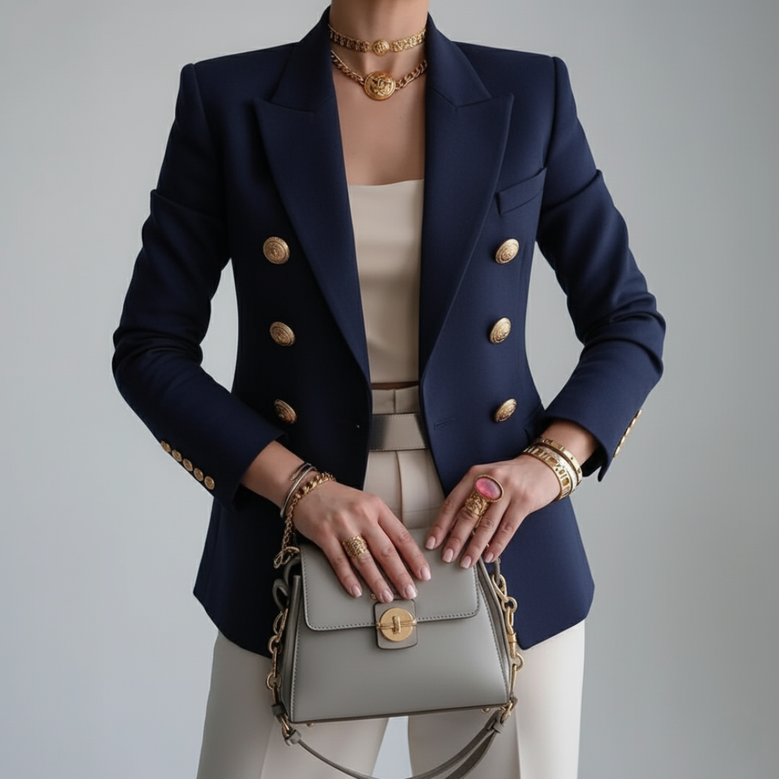 Figursydd kavaj för dam med guldfärgade knappar-Blazer for women-Fjallbarn