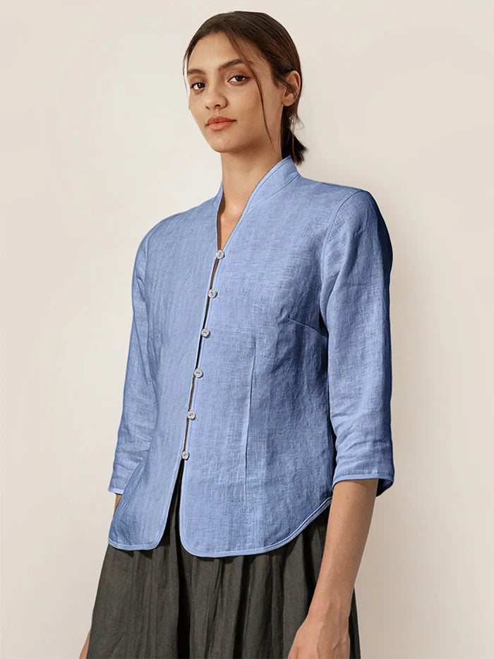 Figursydd linneskjorta med kinakrage för dam-Shirts for women-Fjallbarn