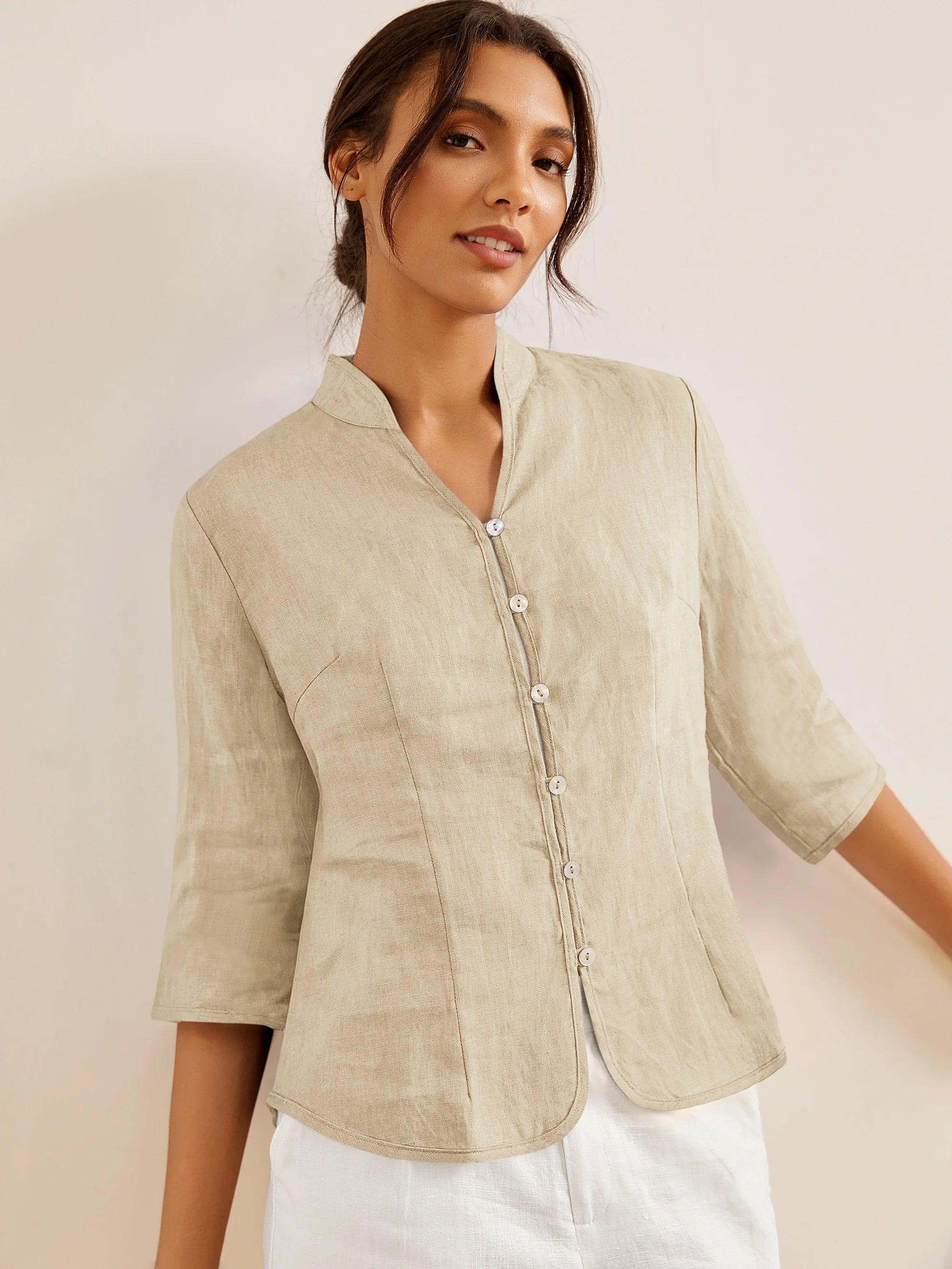 Figursydd linneskjorta med kinakrage för dam-Shirts for women-Fjallbarn