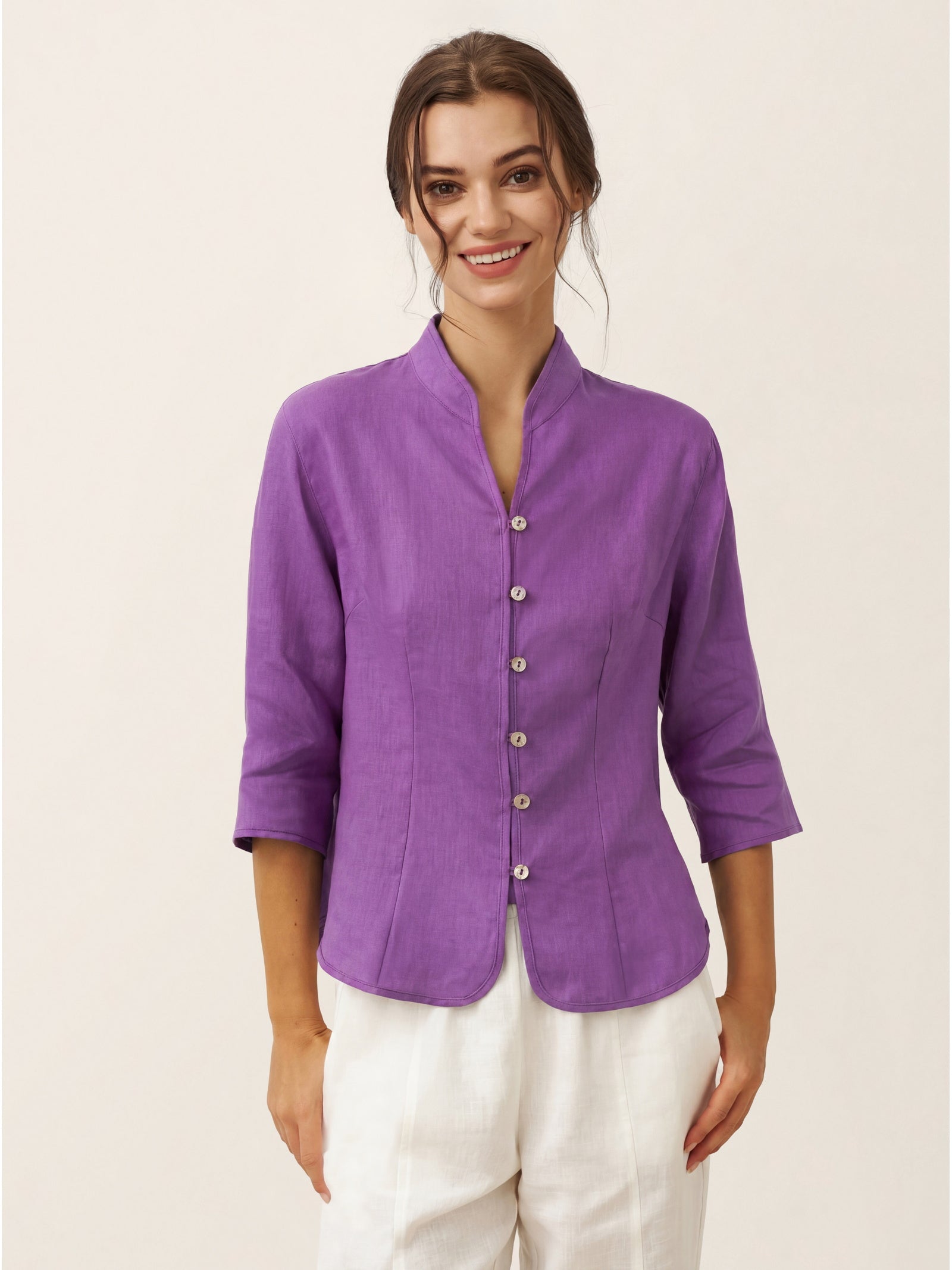 Figursydd linneskjorta med kinakrage för dam-Shirts for women-Fjallbarn