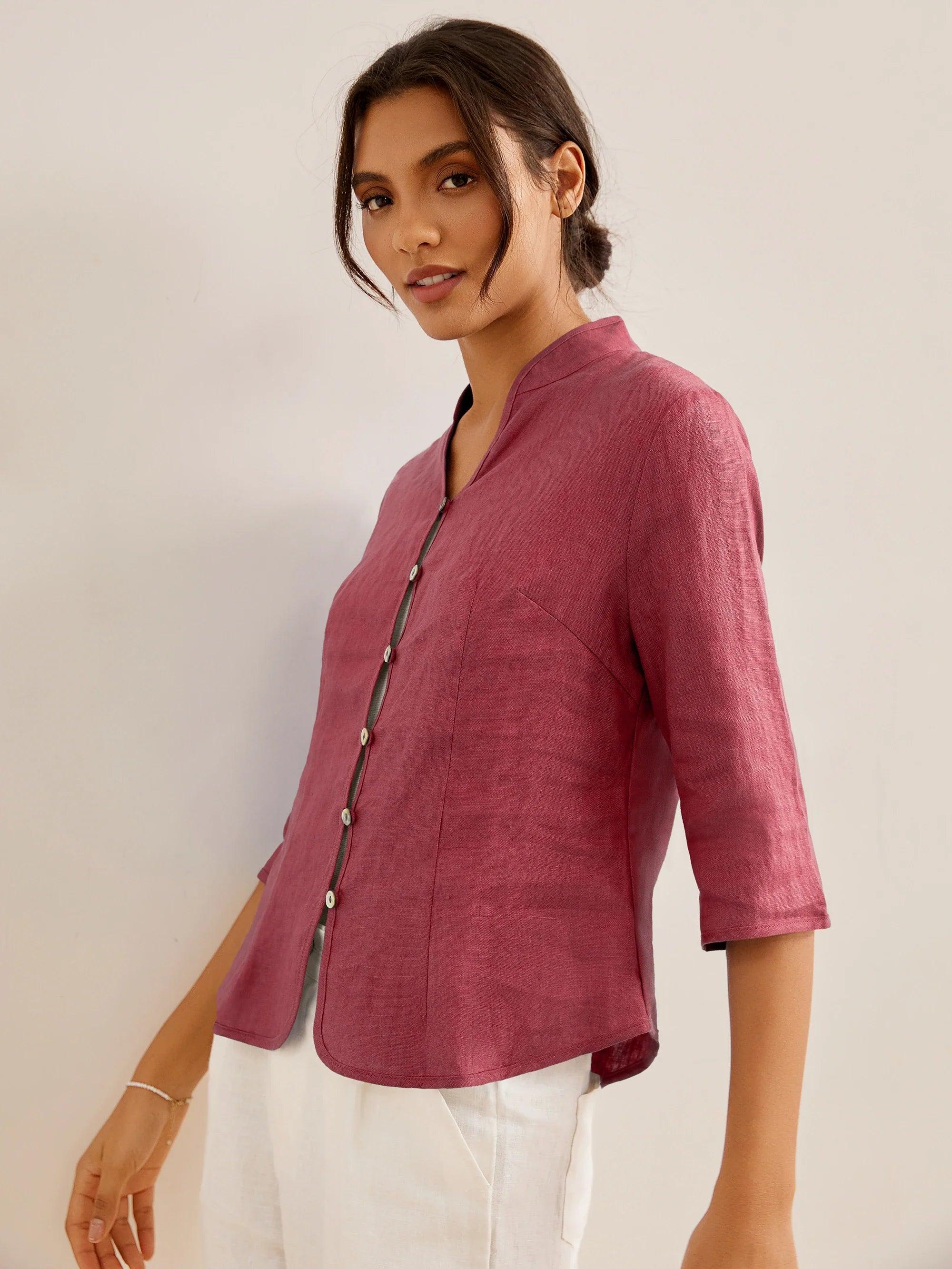 Figursydd linneskjorta med kinakrage för dam-Shirts for women-Fjallbarn
