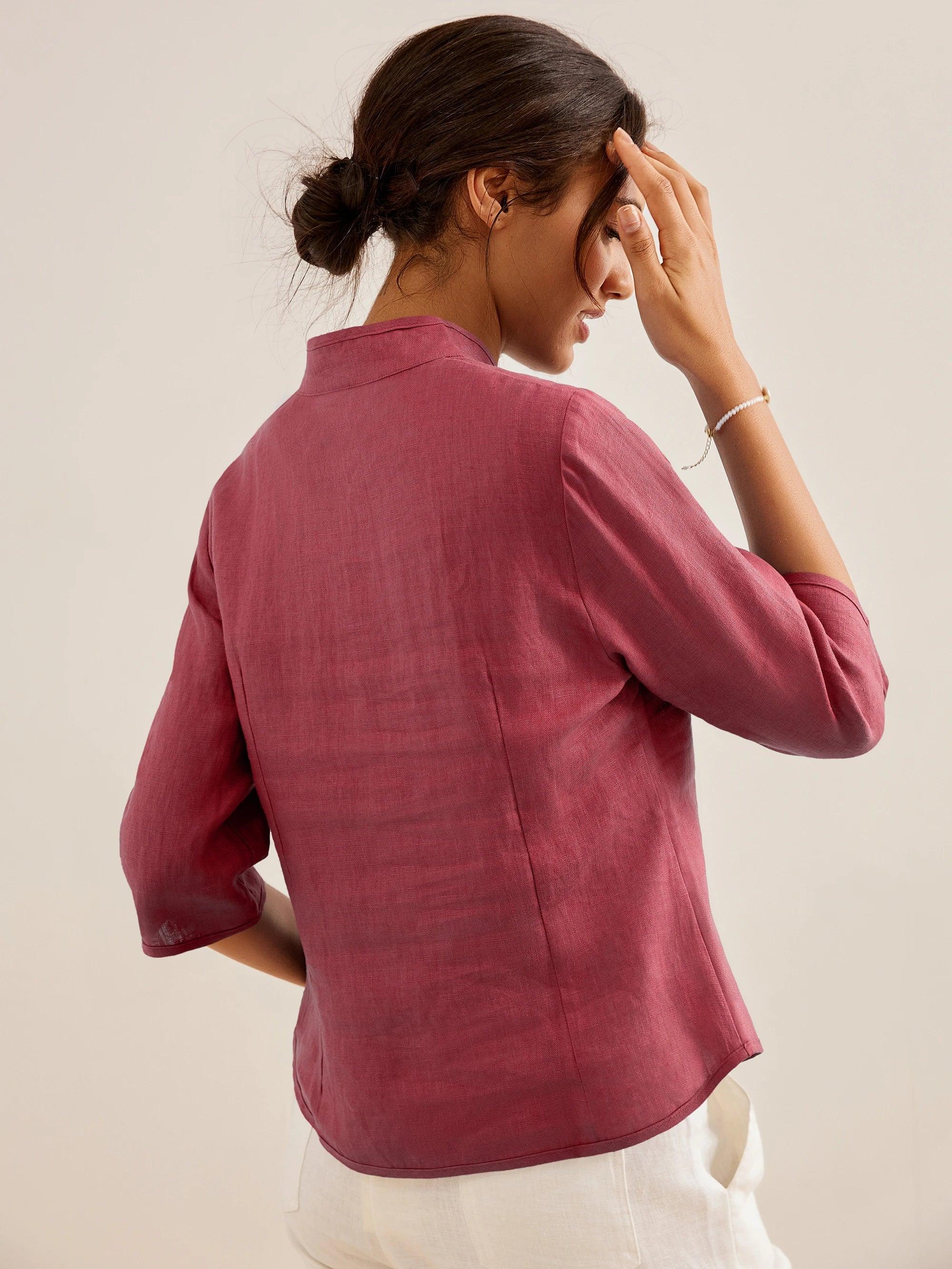 Figursydd linneskjorta med kinakrage för dam-Shirts for women-Fjallbarn