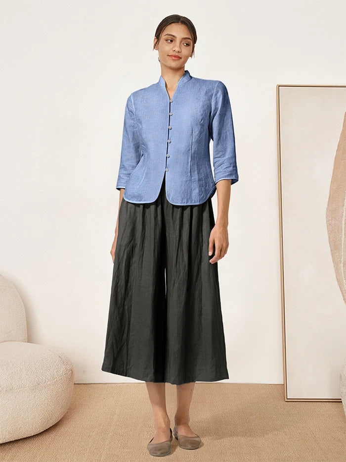 Figursydd linneskjorta med kinakrage för dam-Shirts for women-Fjallbarn