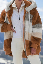 Fuskpälsjacka med huva och färgblock för dam-Jacket for women-Fjallbarn