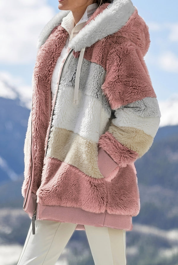 Fuskpälsjacka med huva och färgblock för dam-Jacket for women-Fjallbarn