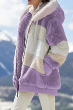 Fuskpälsjacka med huva och färgblock för dam-Jacket for women-Fjallbarn