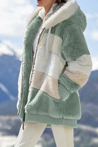 Fuskpälsjacka med huva och färgblock för dam-Jacket for women-Fjallbarn